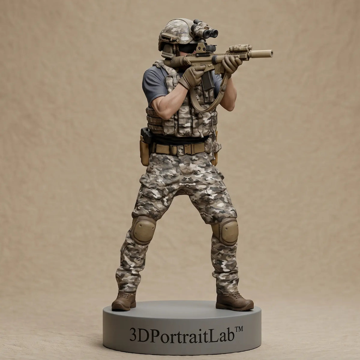 Custom 3D printed full-color figurine of a man in tactical military gear holding a rifle — 3D Portrait Lab