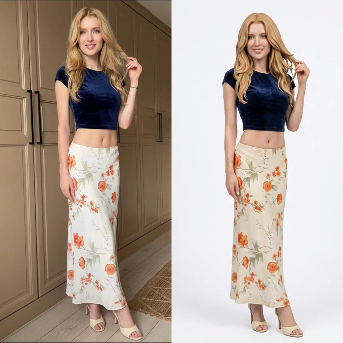 Before and after: photo of a blonde woman in a navy top and floral skirt (left) and her matching full-color 3D figurine (right)