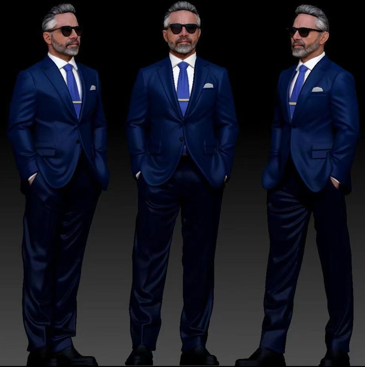 Custom 3D printed figurine of a man in a navy suit and sunglasses, shown from three angles — 3D Portrait Lab