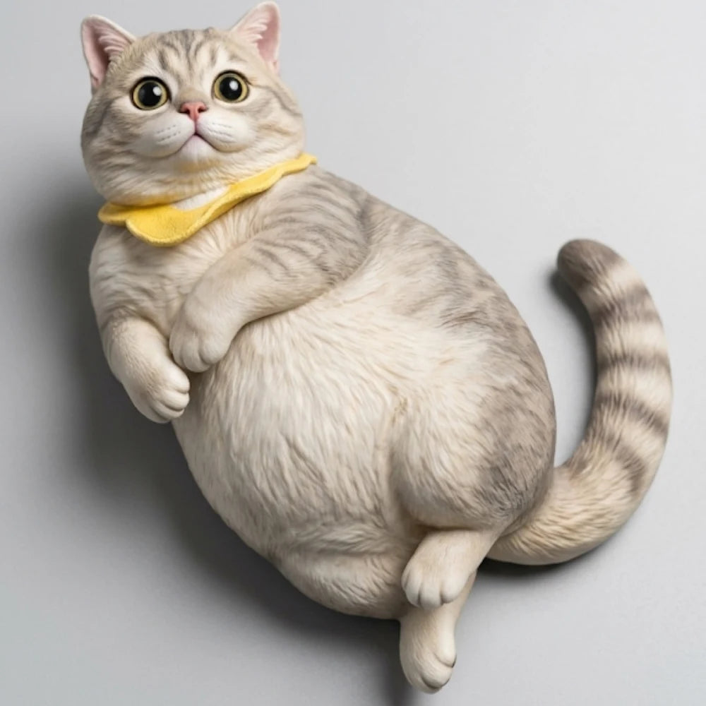 Custom 3D printed figurine of a chubby tabby cat with a yellow bandana, lying on its side