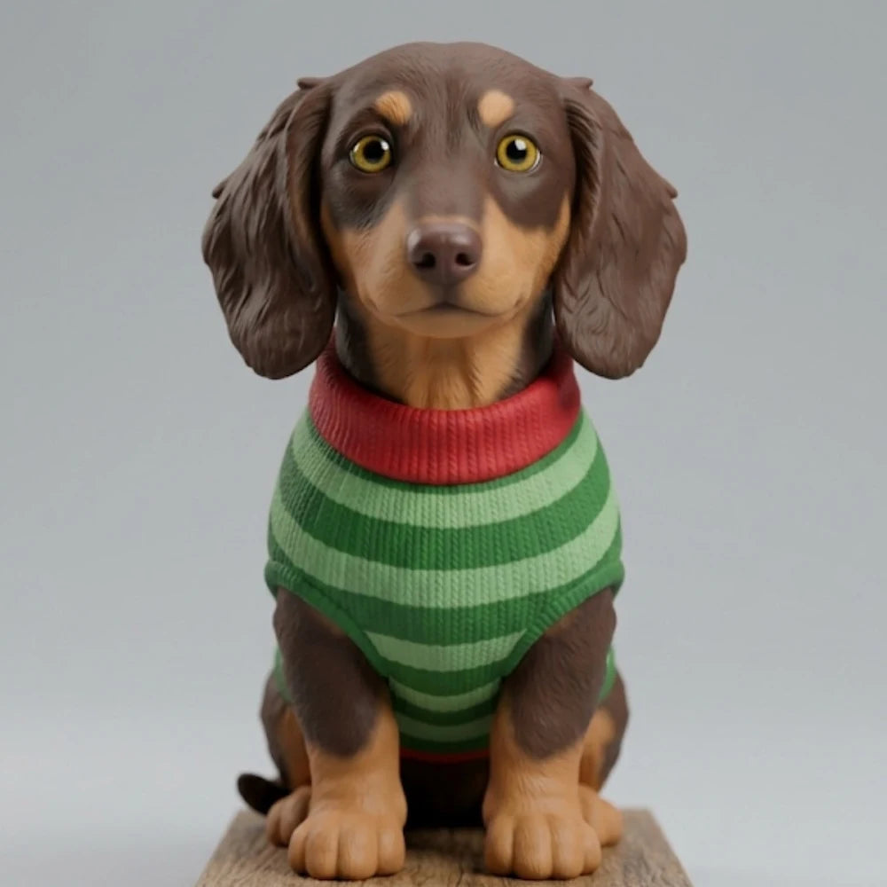 Custom 3D printed dachshund figurine wearing a knitted striped sweater, made from the owner’s photos