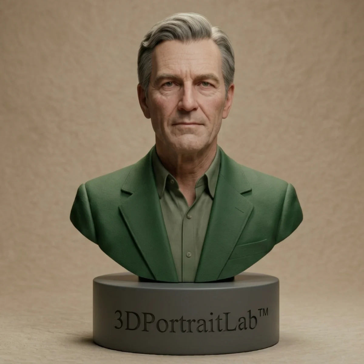 Custom 3D printed portrait bust of an elderly man in a green jacket — 3D Portrait Lab