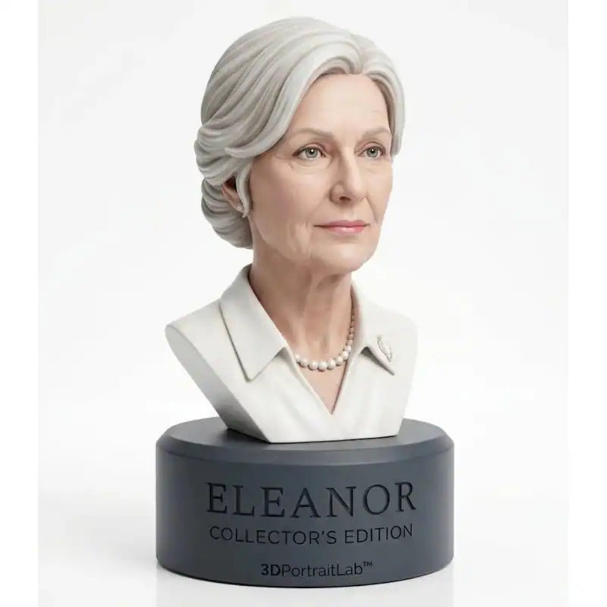 Custom 3D printed portrait bust of an elderly woman with silver hair, made from her family's photos
