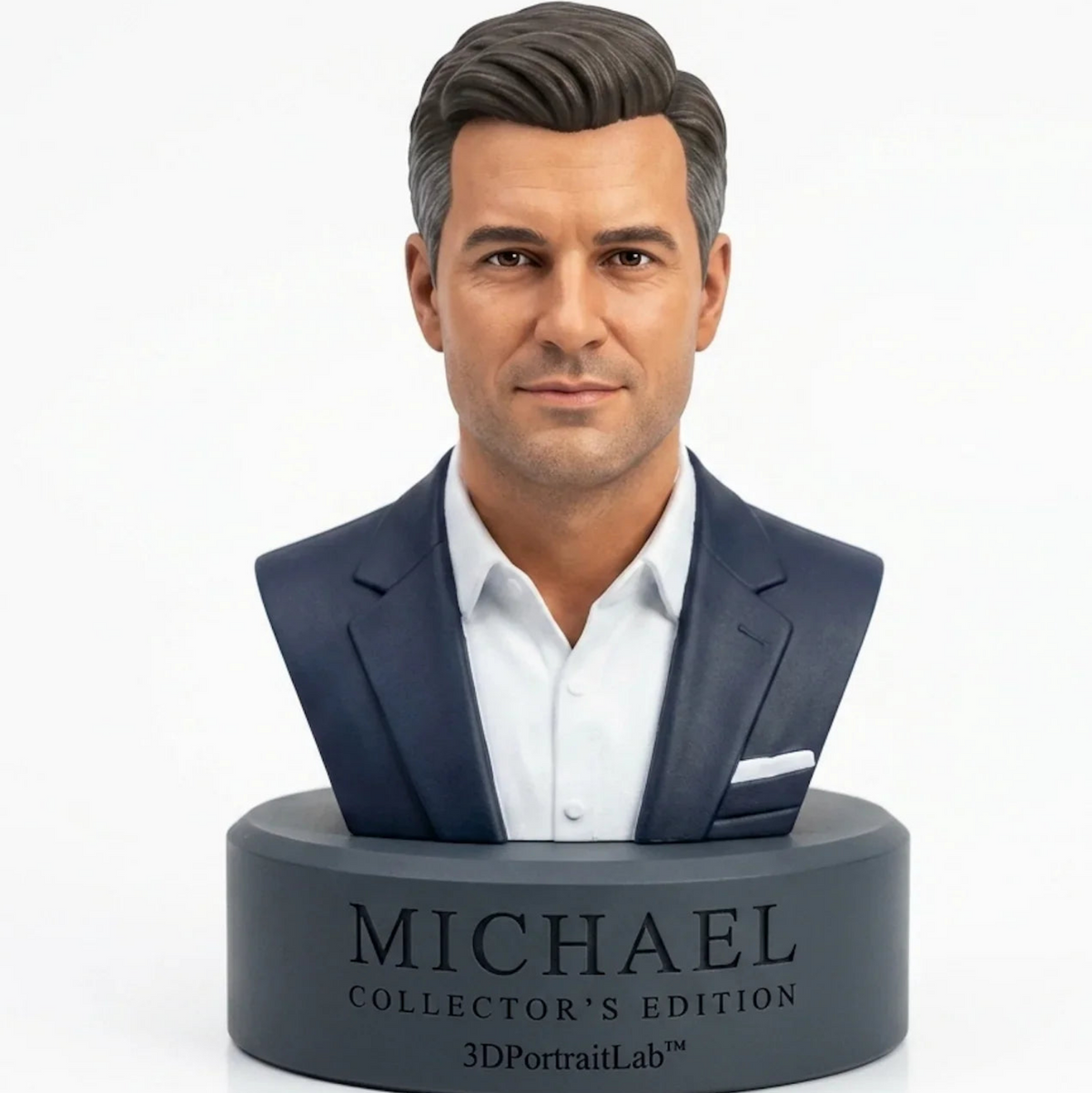 Custom 3D portrait bust of a dark-haired man in a navy blazer and white shirt, front view