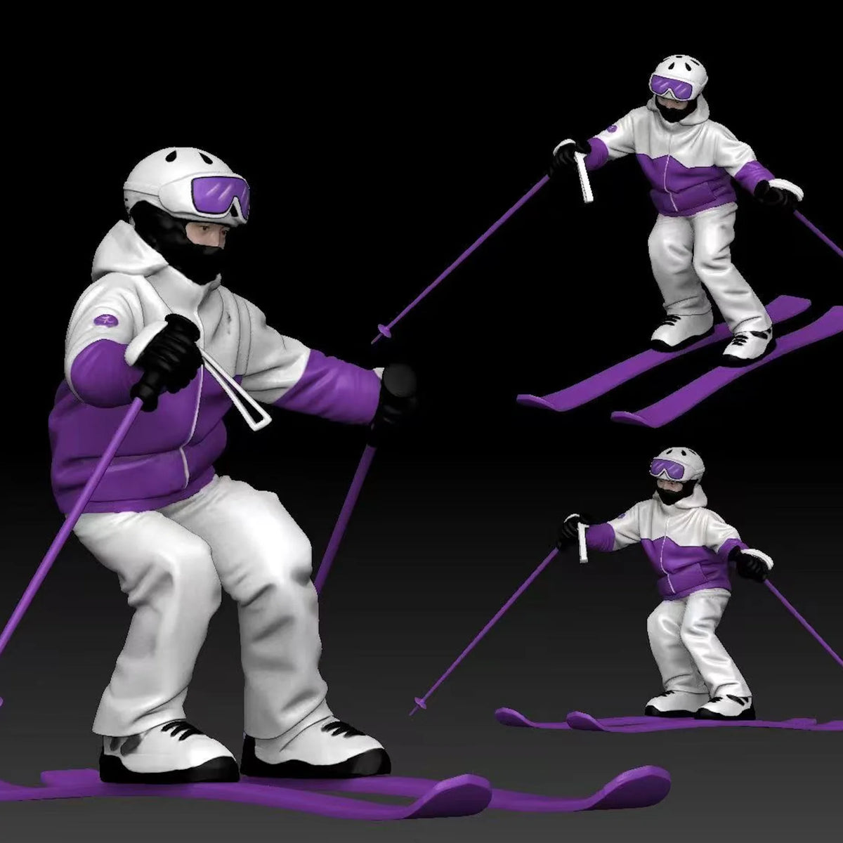 Custom 3D printed skiing figurine in full purple and white ski gear, shown from three angles — 3D Portrait Lab