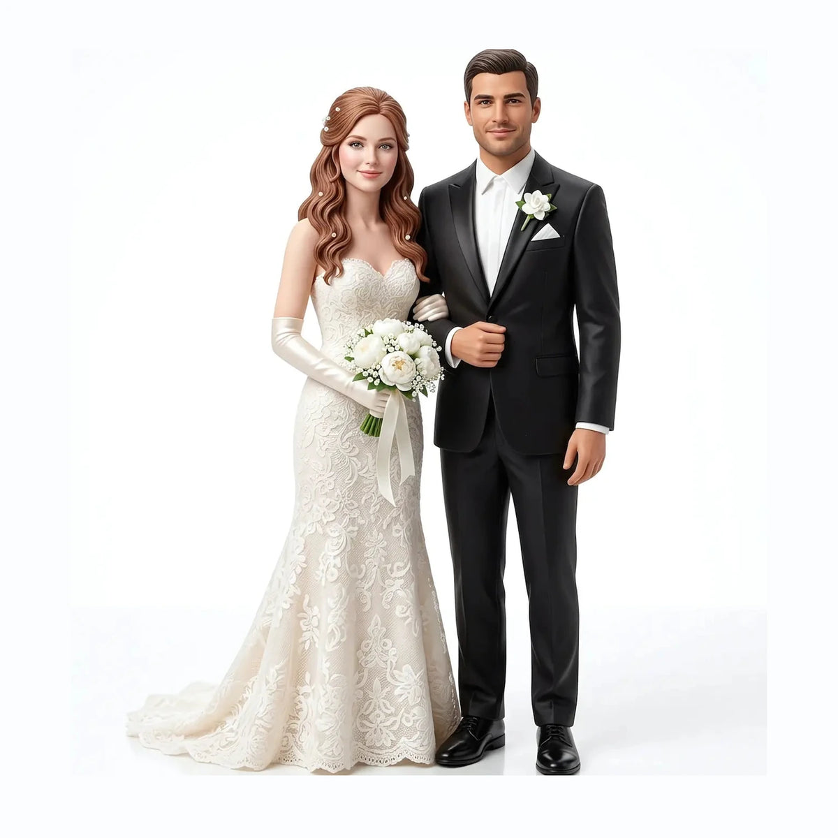Full-color 3D printed wedding cake topper figurine showing lace gown texture and tuxedo detail, made from the couple's photos