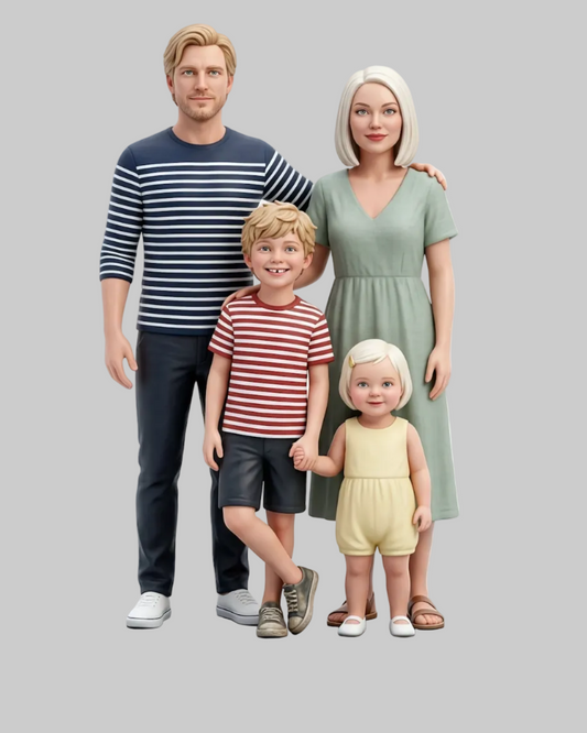 Custom family portrait 3D figurine set of 4, sculpted from photo, premium gift box included