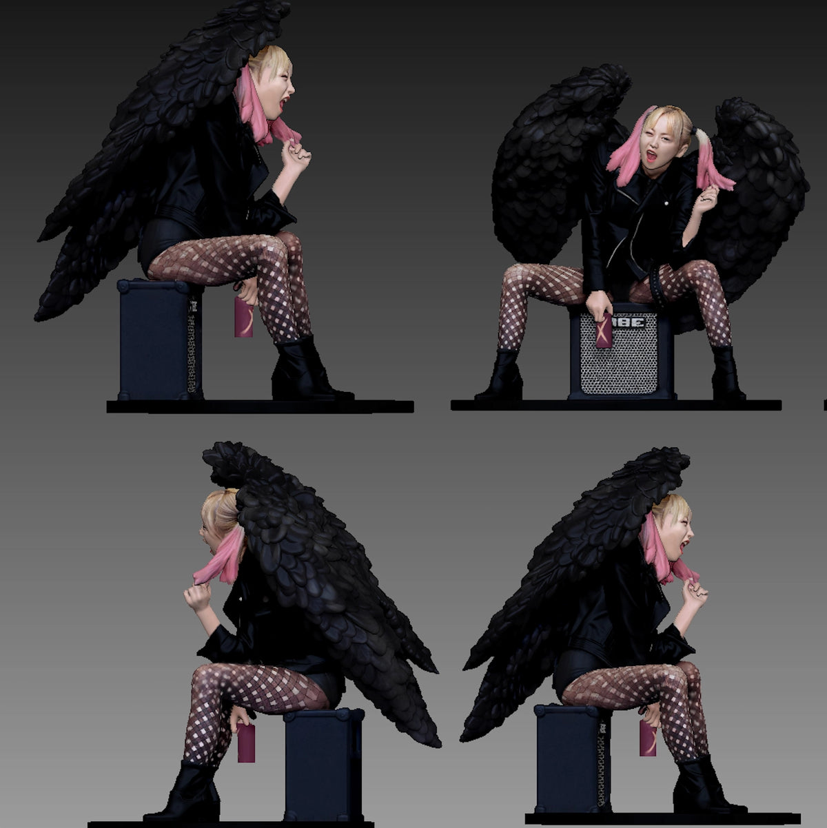 Signature Series custom 3D figurine with black wings and gothic streetwear styling, shown from four angles — 3D Portrait Lab