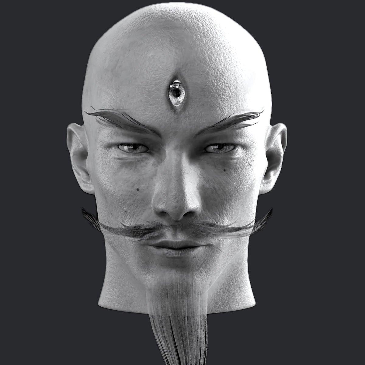 3D sculpting work-in-progress of a custom mystic character head with a third eye and long beard — 3D Portrait Lab