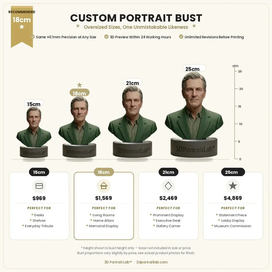 Size comparison chart for the Oversized Custom Portrait Bust showing 15cm, 18cm, 21cm, and 25cm sizes side by side — 3D Portrait Lab