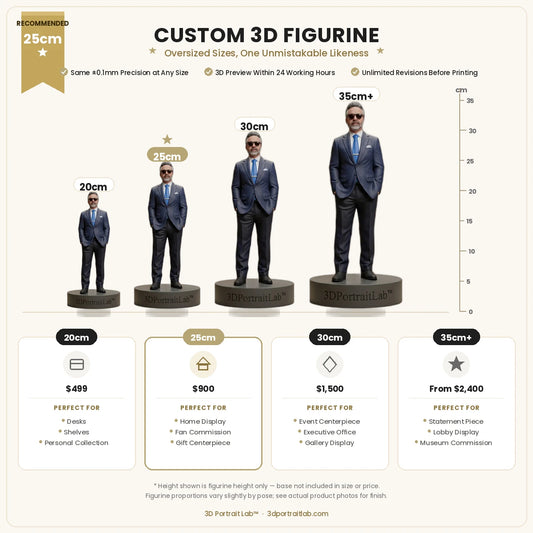 Size comparison chart for the Oversized Custom 3D Figurine showing 20cm, 25cm, 30cm, and 35cm+ sizes side by side — 3D Portrait Lab